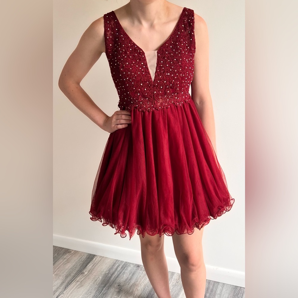 Jodi Kristopher Burgundy Maroon Dark Red Frilly Bejeweled Dress
